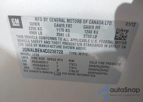 2012 Chevrolet Equinox Ls from USA, damaged, VIN 2GNALBEK4C6238728